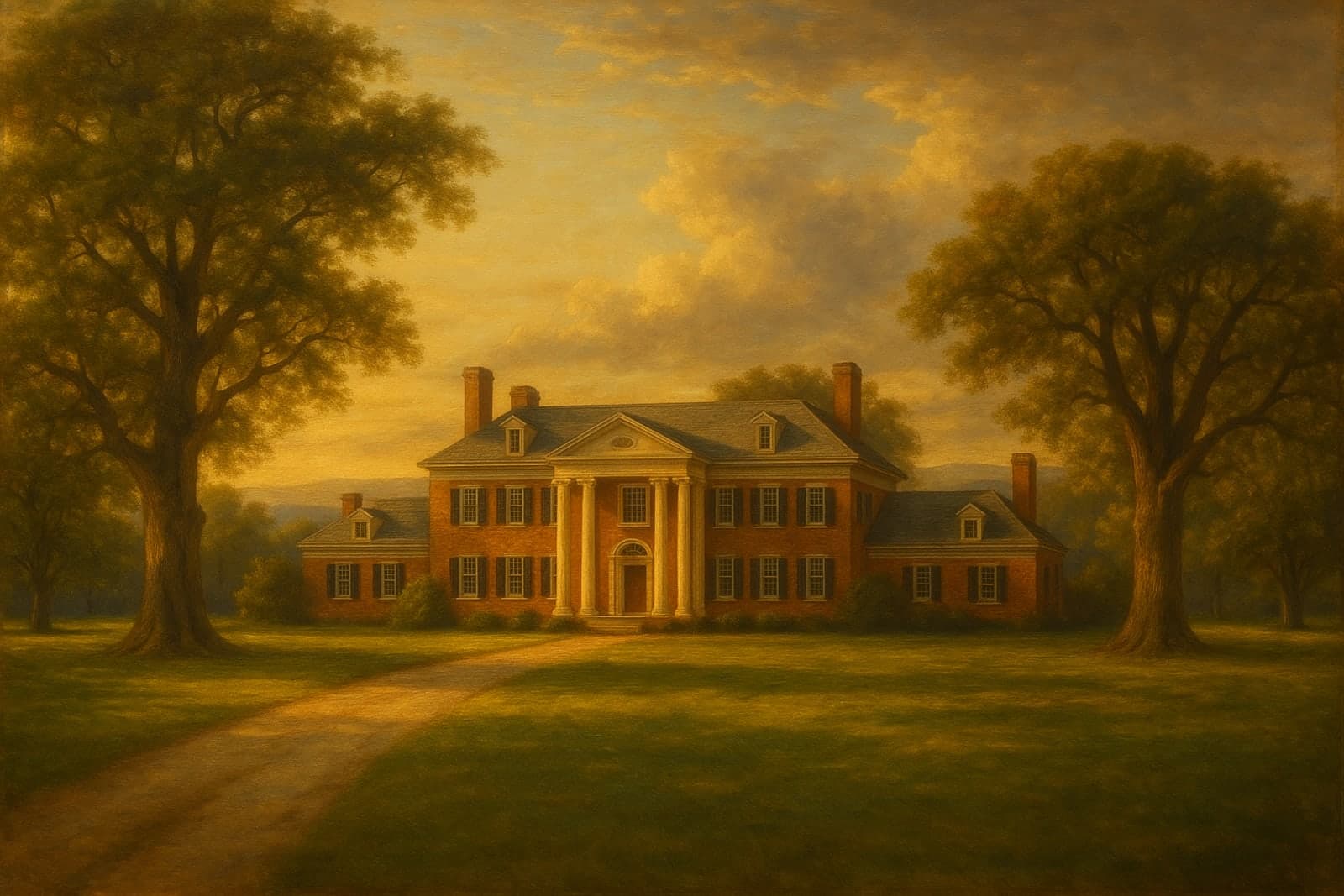 A brick Georgian colonial estate crowning a sweeping Romantic Hudson River School landscape