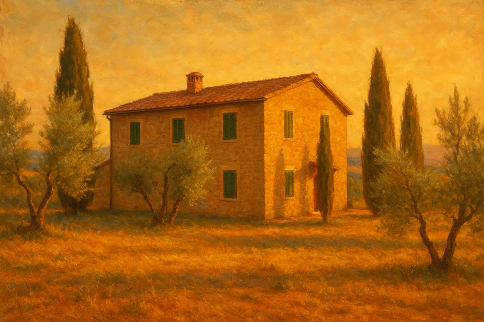 A Tuscan stone farmhouse in warm Mediterranean pastoral light among cypress and olive groves