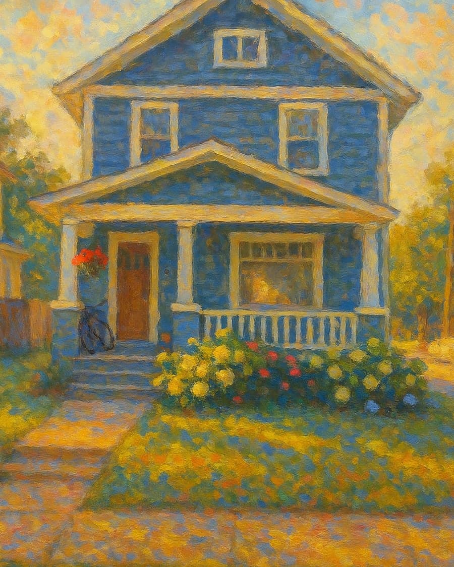 A craftsman home in shimmering golden-hour impressionism, after Monet